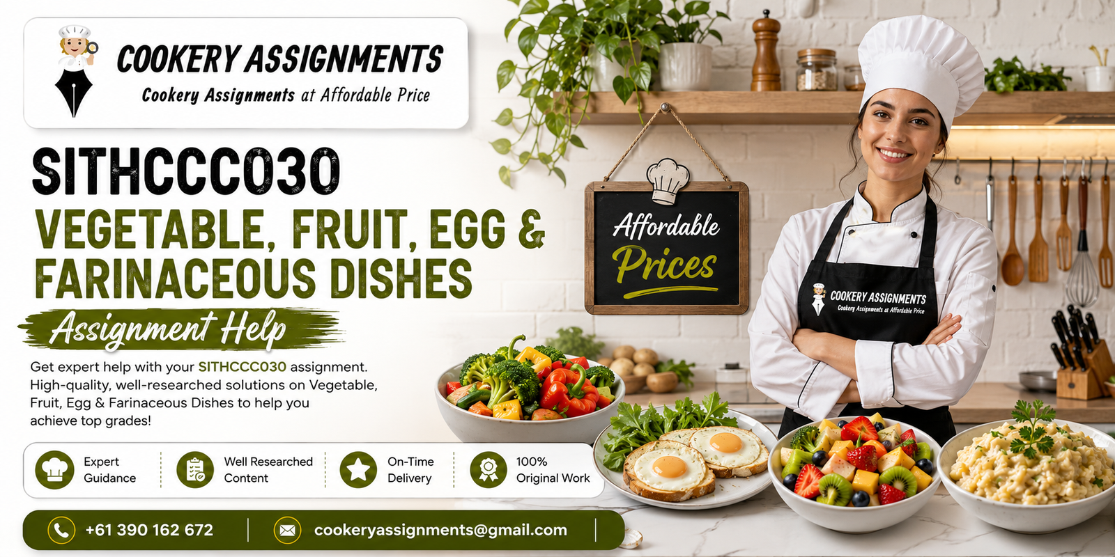 Chef preparing vegetable fruit egg and farinaceous dishes for SITHCCC030