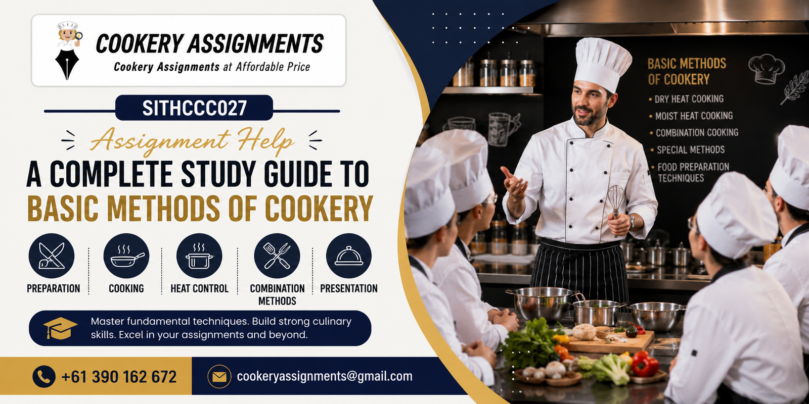 Commercial cookery student preparing dishes using basic methods of cookery